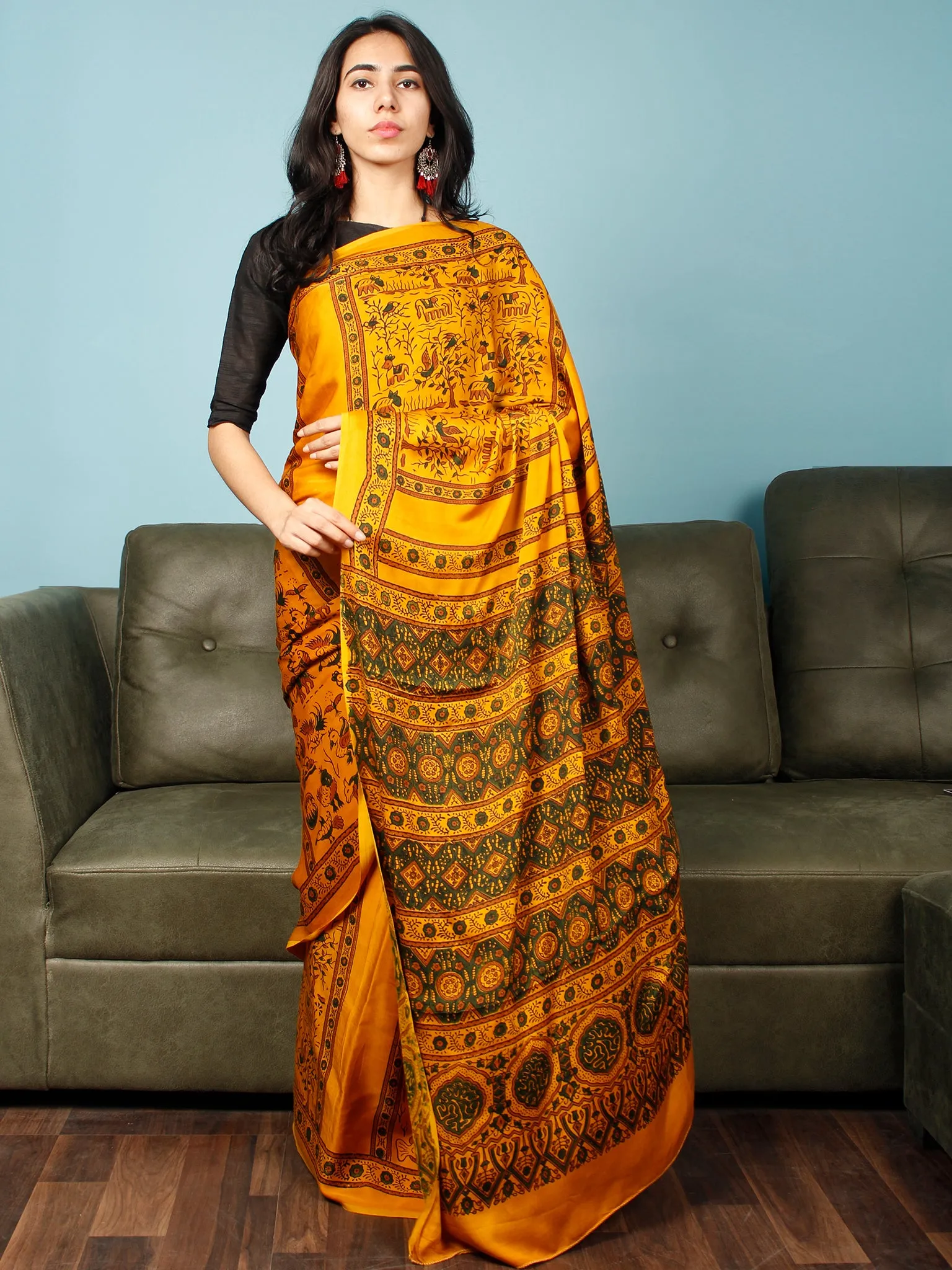 Yellow Green Rust Ajrakh Hand Block Printed Modal Silk Saree in Natural Colors - S031703370