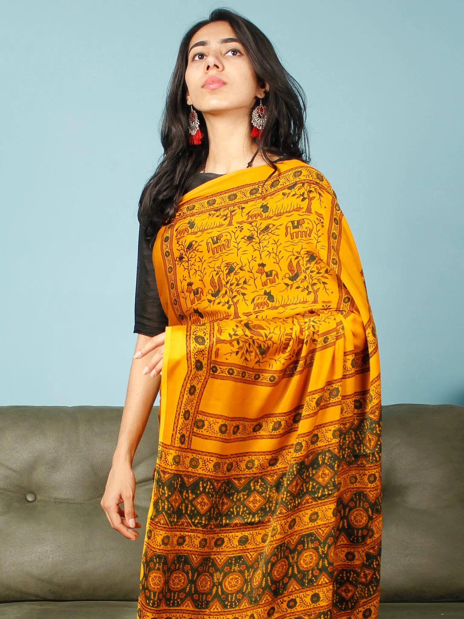 Yellow Green Rust Ajrakh Hand Block Printed Modal Silk Saree in Natural Colors - S031703370