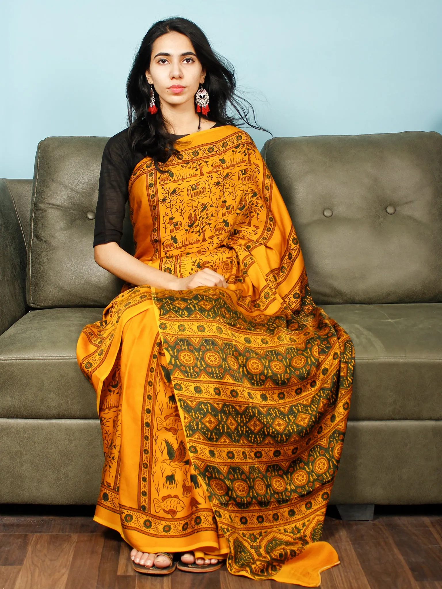 Yellow Green Rust Ajrakh Hand Block Printed Modal Silk Saree in Natural Colors - S031703370