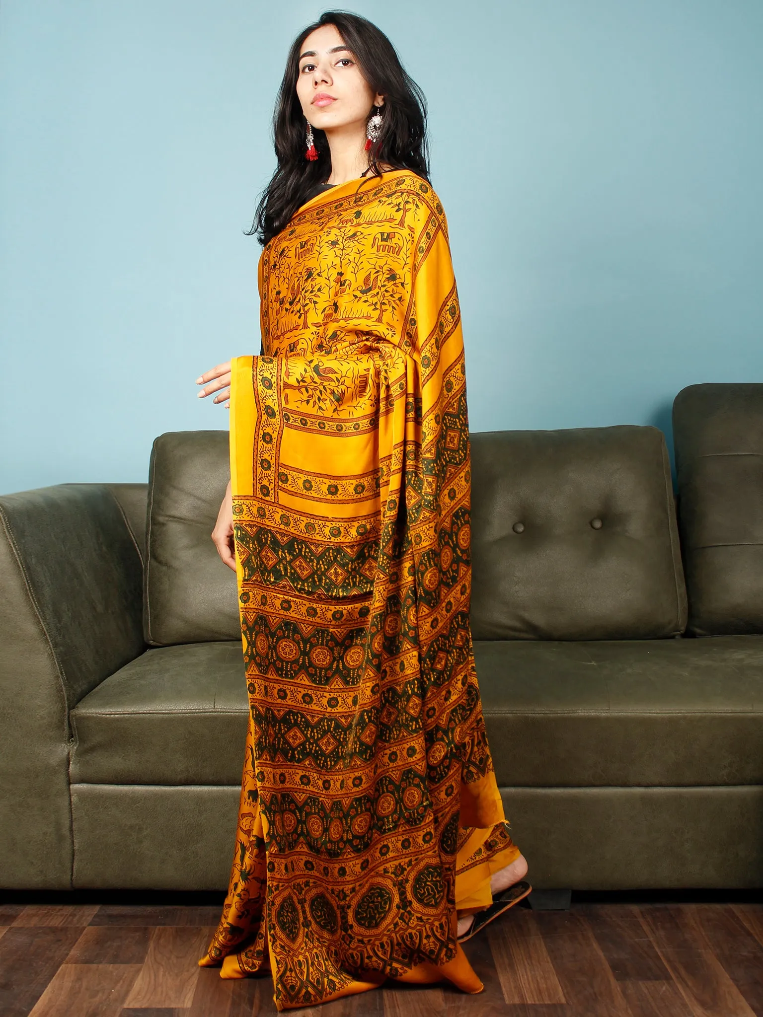 Yellow Green Rust Ajrakh Hand Block Printed Modal Silk Saree in Natural Colors - S031703370