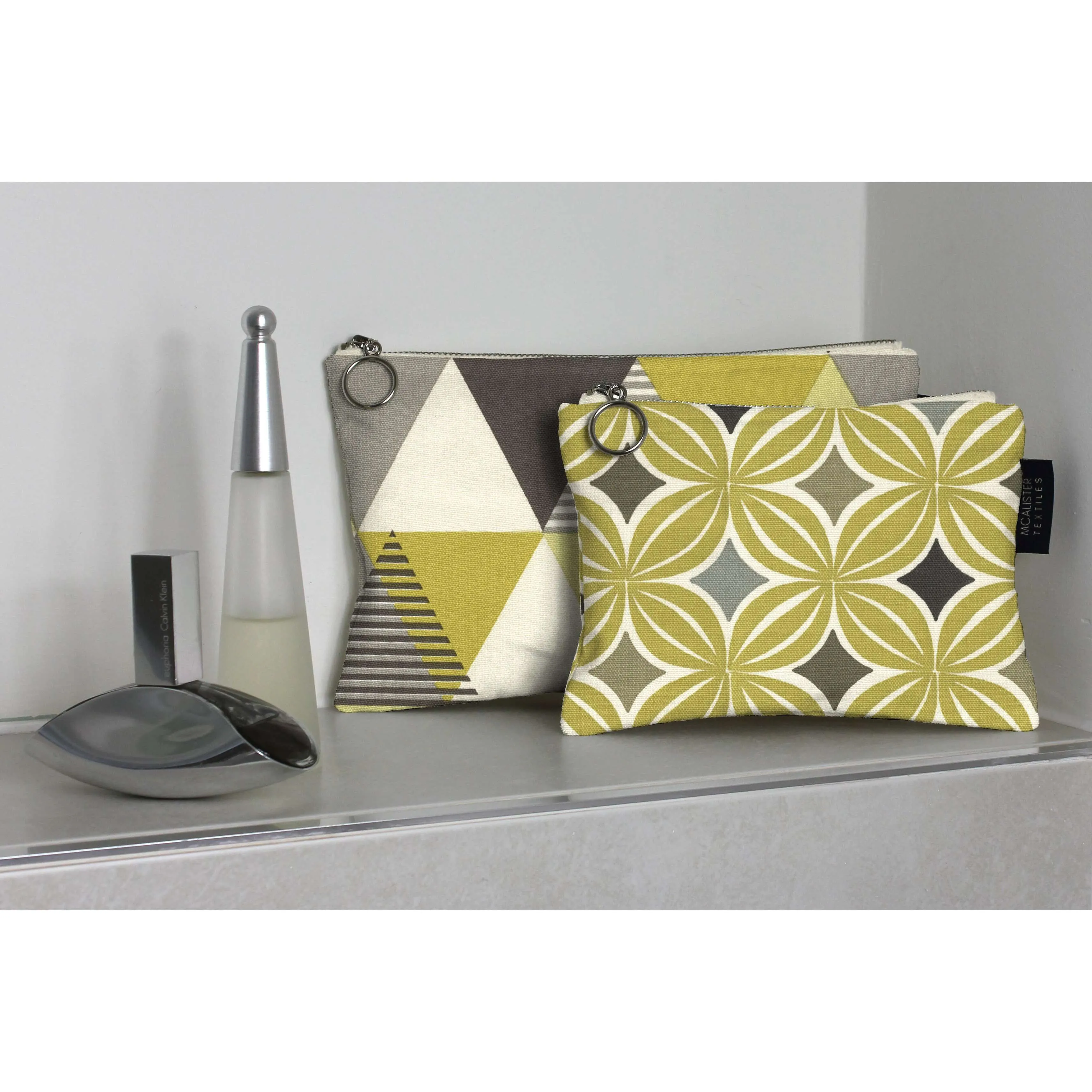 Yellow   Grey Cotton Print Makeup Bag Set