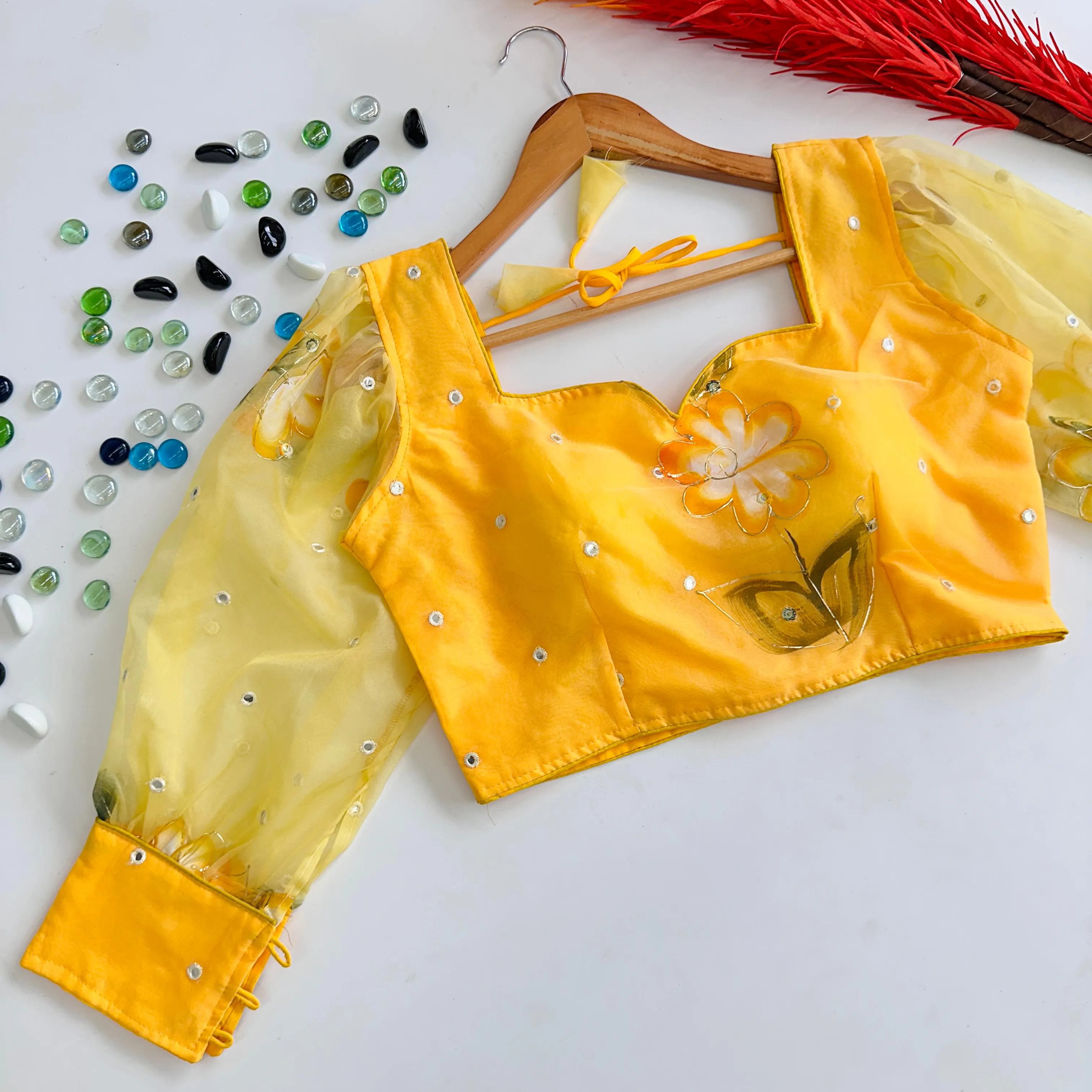 Yellow Hand-Painted Organza Silk Blouse with Embroidery Accents