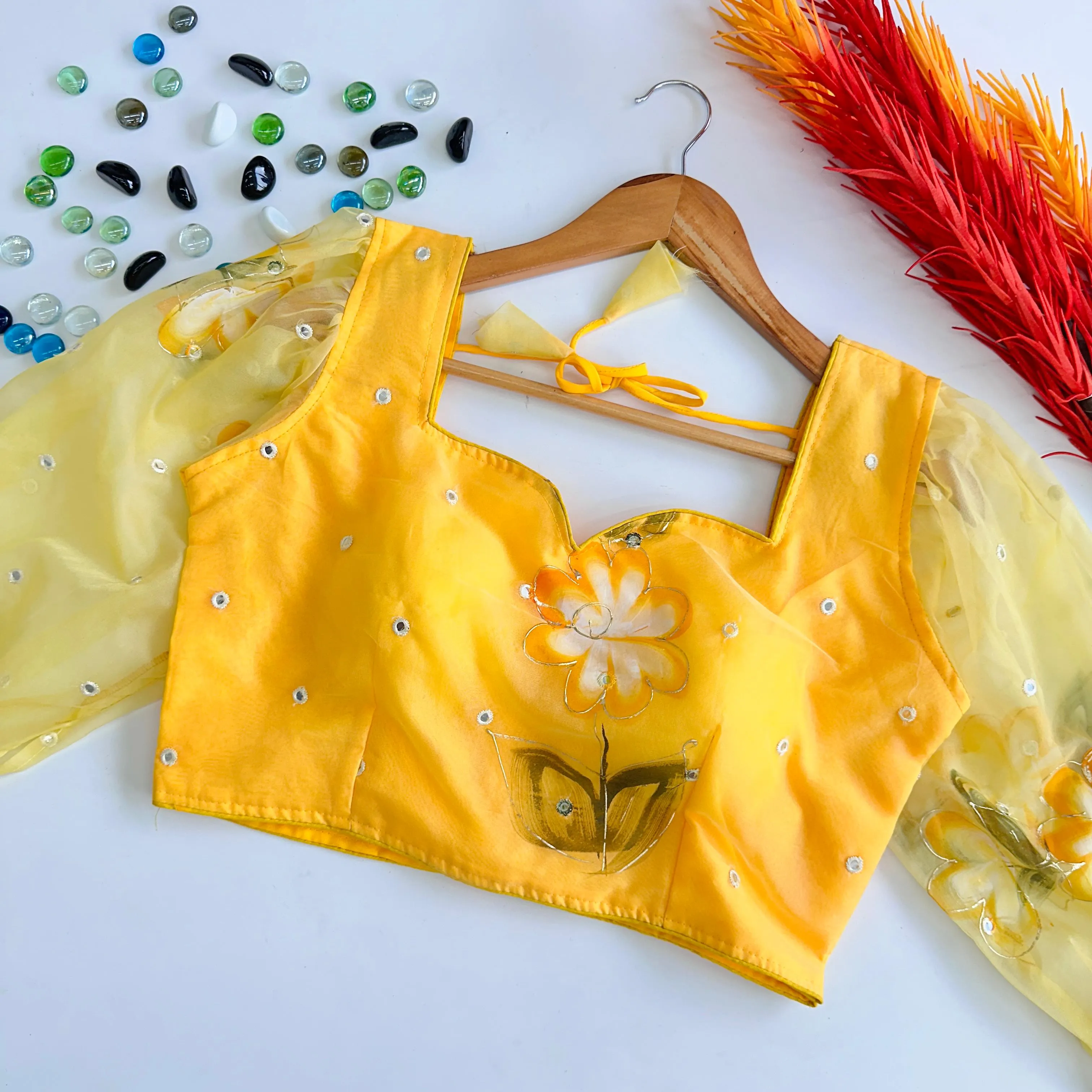 Yellow Hand-Painted Organza Silk Blouse with Embroidery Accents