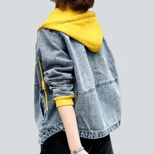 Yellow hoody embroidered denim jacket