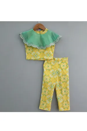 Yellow Ikat Printed Crop Top With Pant Set And Sequins Embroidered Cape