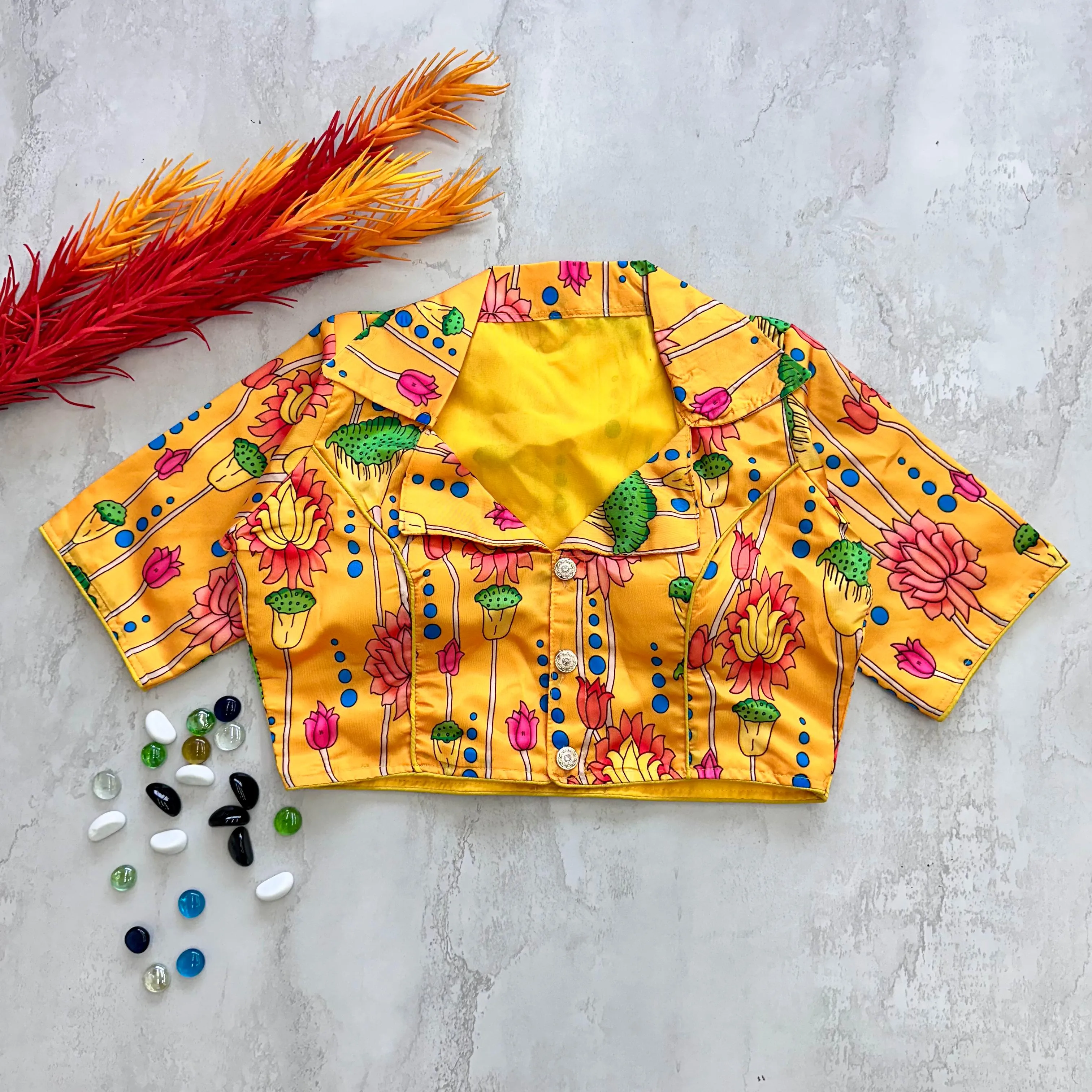 Yellow Kalamkari Print Blouse in Chilly Silk