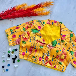 Yellow Kalamkari Print Blouse in Chilly Silk