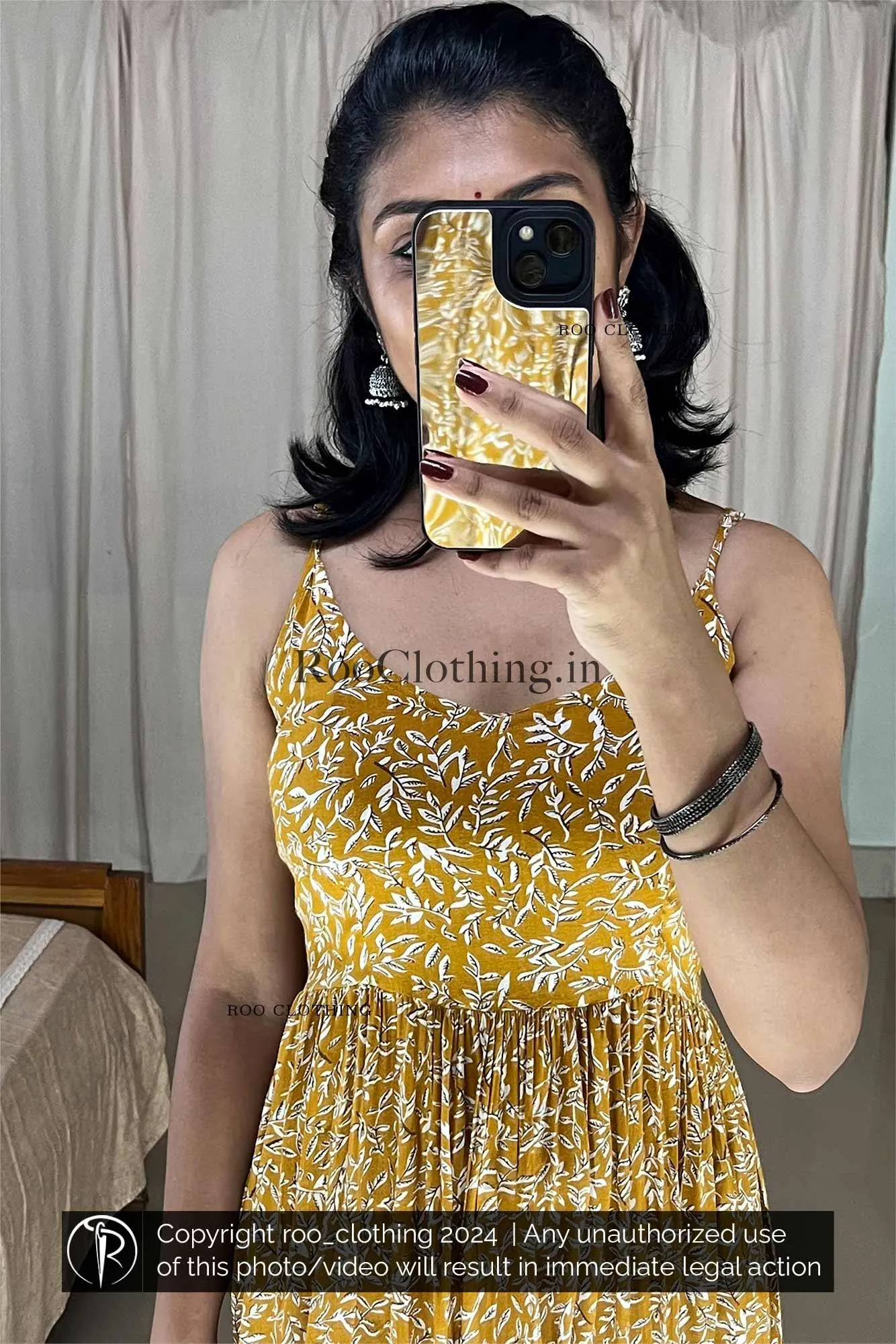 Yellow Leaves Printed Noodle Strapped Frock With Adjustable Strap (Dress Only)