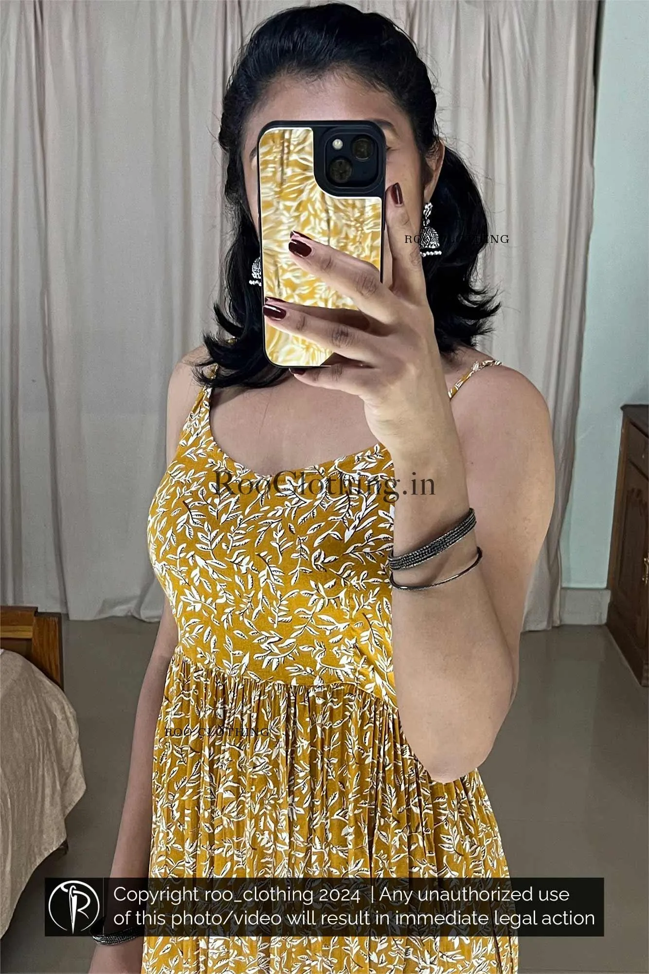 Yellow Leaves Printed Noodle Strapped Frock With Adjustable Strap (Dress Only)