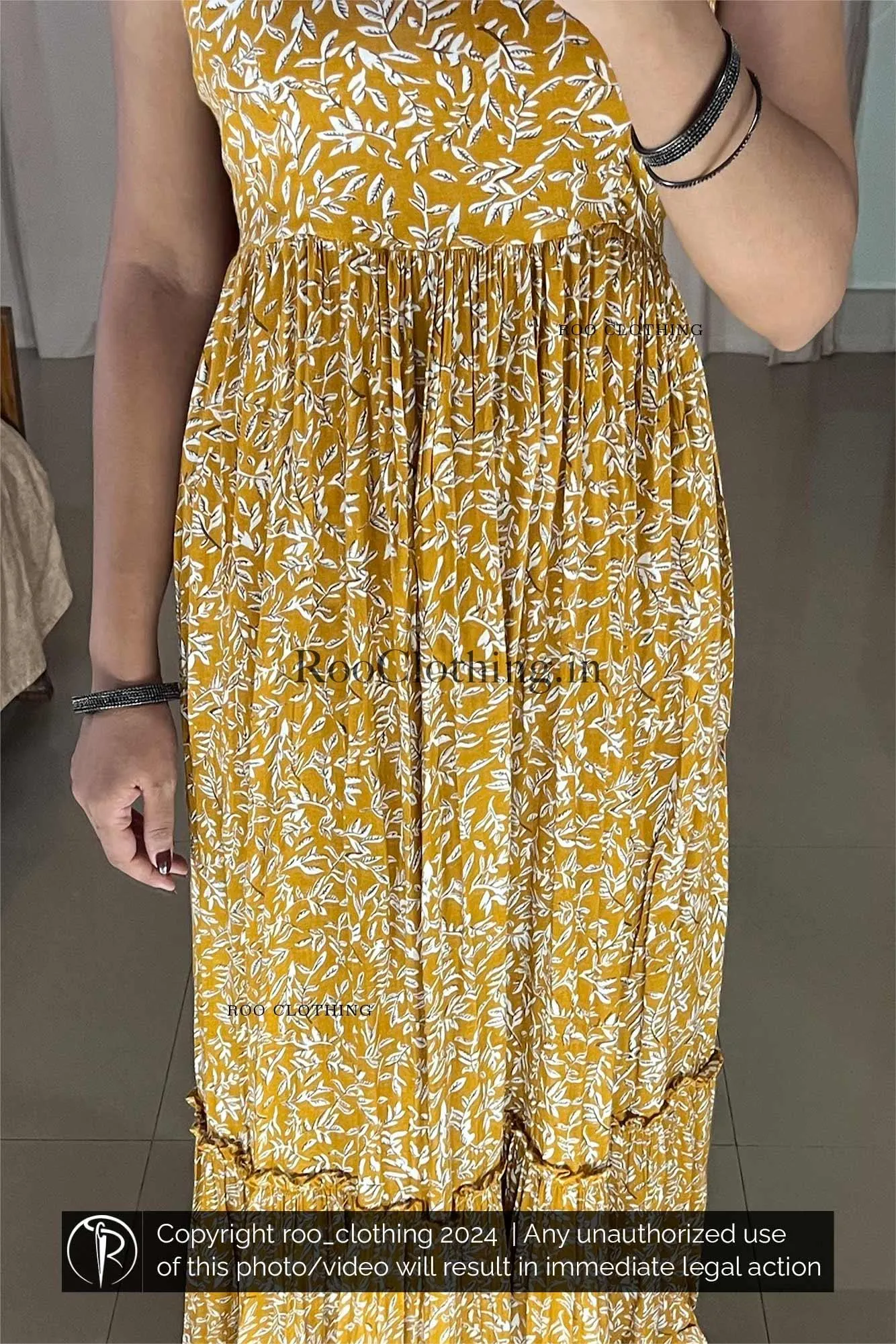 Yellow Leaves Printed Noodle Strapped Frock With Adjustable Strap (Dress Only)