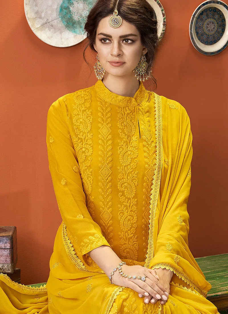 Yellow Lucknowi Embroidered Palazzo Suit