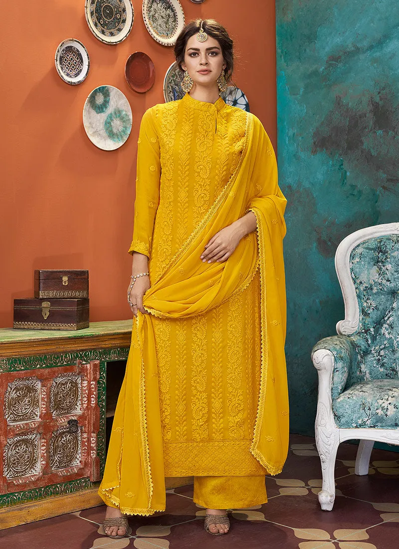 Yellow Lucknowi Embroidered Palazzo Suit