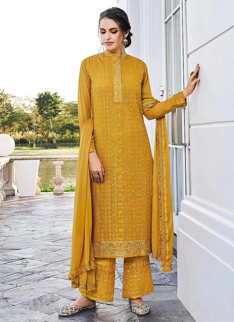 Yellow Lucknowi Embroidered Pants Style Suit