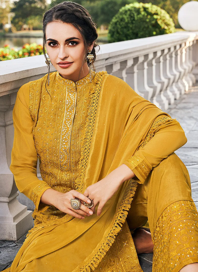 Yellow Lucknowi Embroidered Pants Style Suit