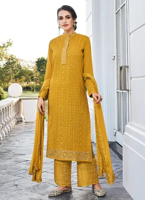 Yellow Lucknowi Embroidered Pants Style Suit