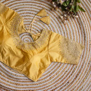 Yellow Luxurious Lucknowi Silk Blouse with Golden Embroidery and Sequins