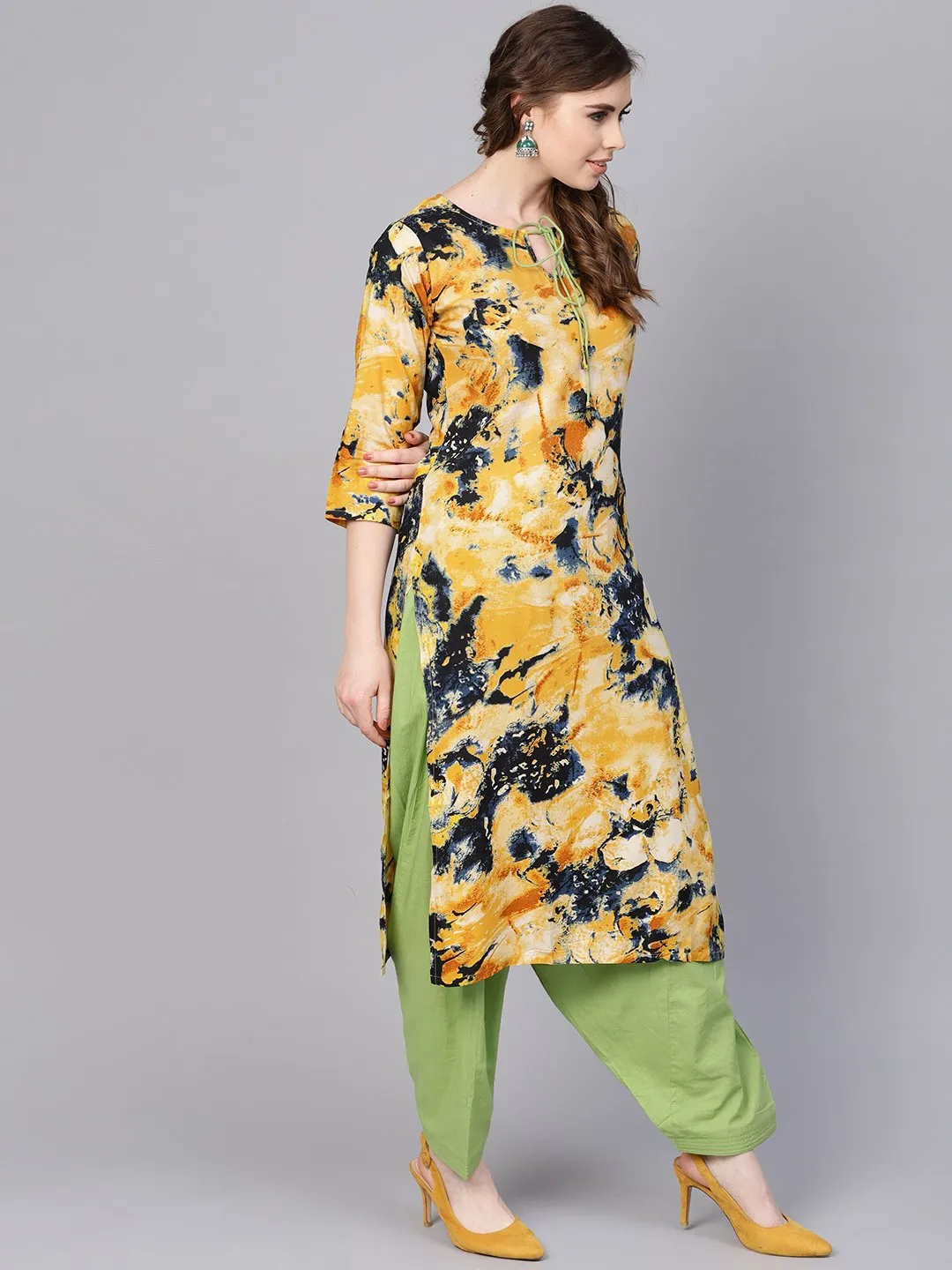 Yellow Marbal Printed Kurta Set With Solid Green Salwar