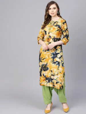 Yellow Marbal Printed Kurta Set With Solid Green Salwar