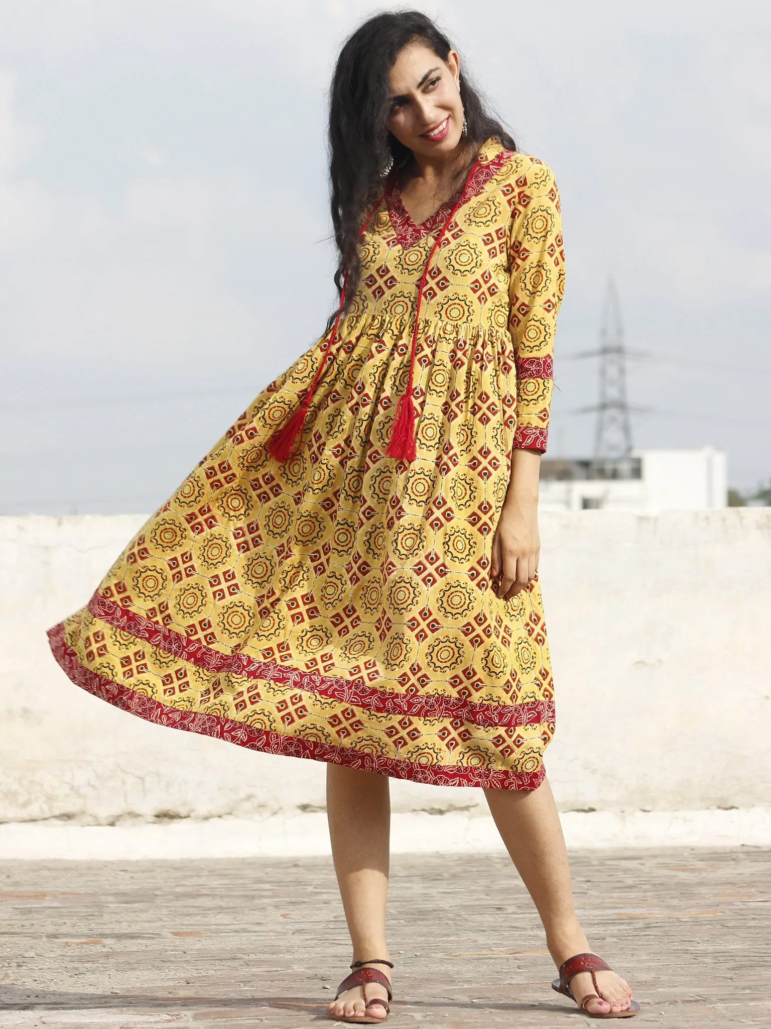 Yellow Maroon Black Ajrakh Hand Block Printed Cotton Dress With Tassels - D73F865