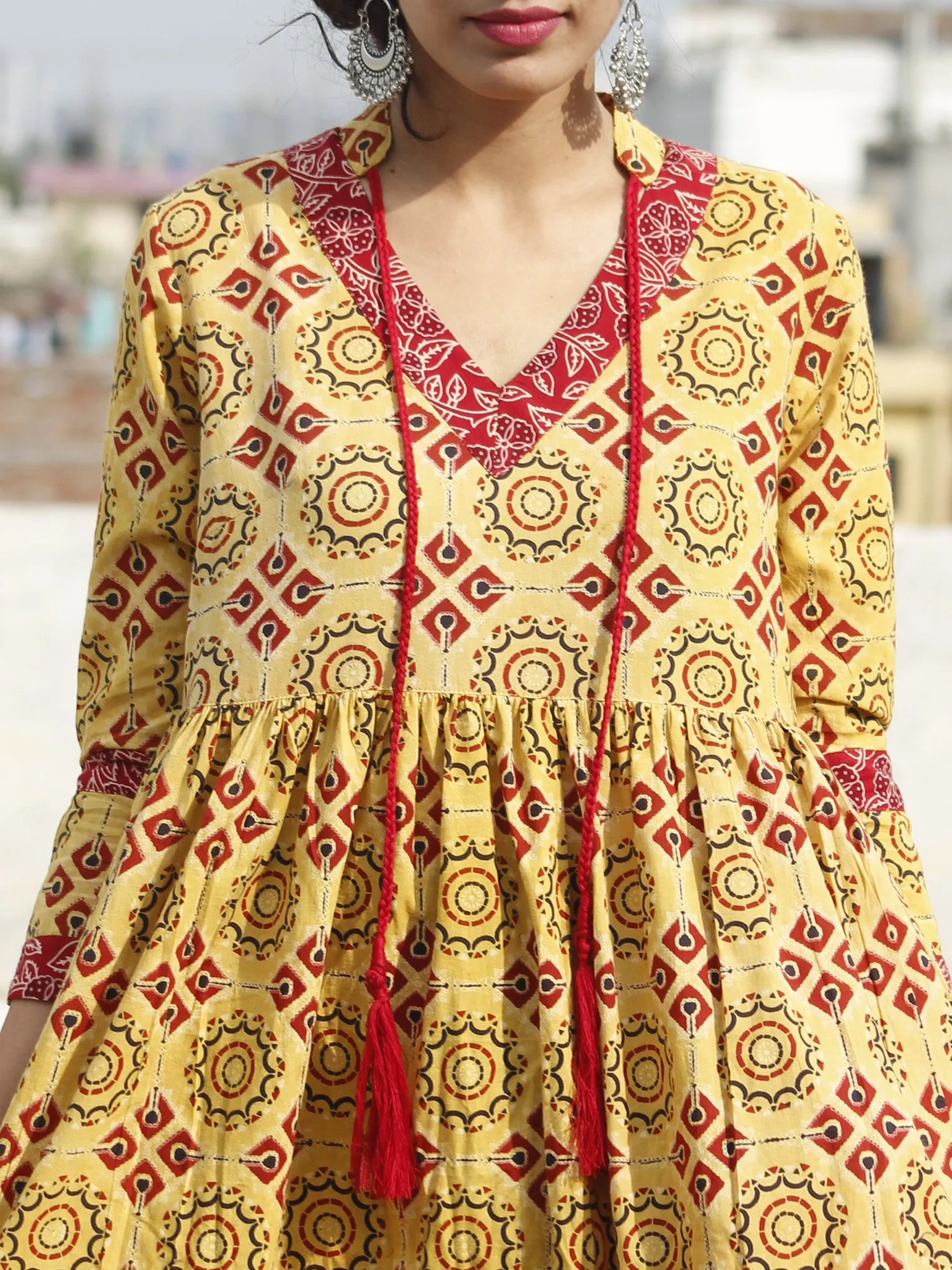 Yellow Maroon Black Ajrakh Hand Block Printed Cotton Dress With Tassels - D73F865