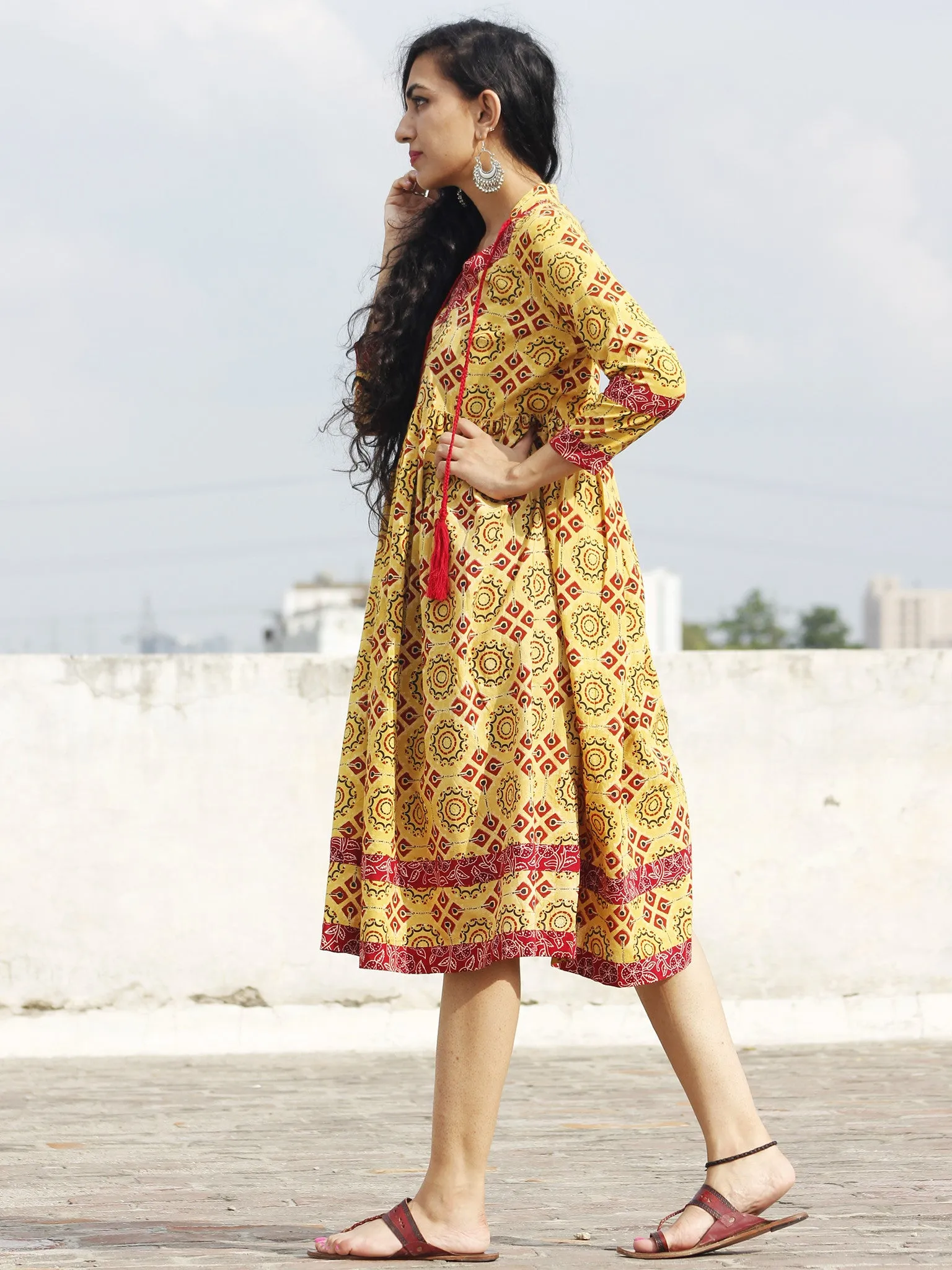 Yellow Maroon Black Ajrakh Hand Block Printed Cotton Dress With Tassels - D73F865