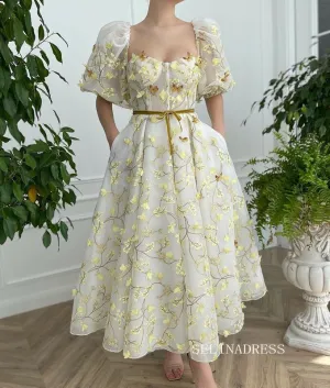 Yellow Midi Dress With Embroidery Floral Prom Dresses 2023 Beautiful Evening Gowns #LPO005