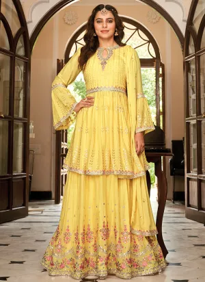 Yellow Mirror Work Embroidery Anarkali Lehenga Suit