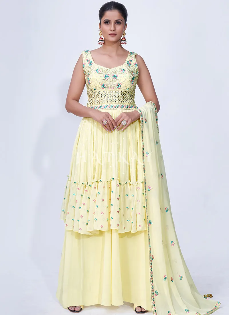 Yellow Mirror Work Multi Embroidery Chiffon Palazzo Suit