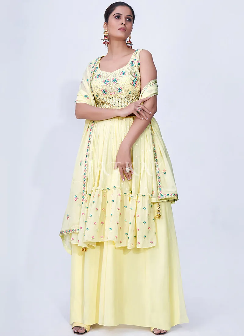 Yellow Mirror Work Multi Embroidery Chiffon Palazzo Suit