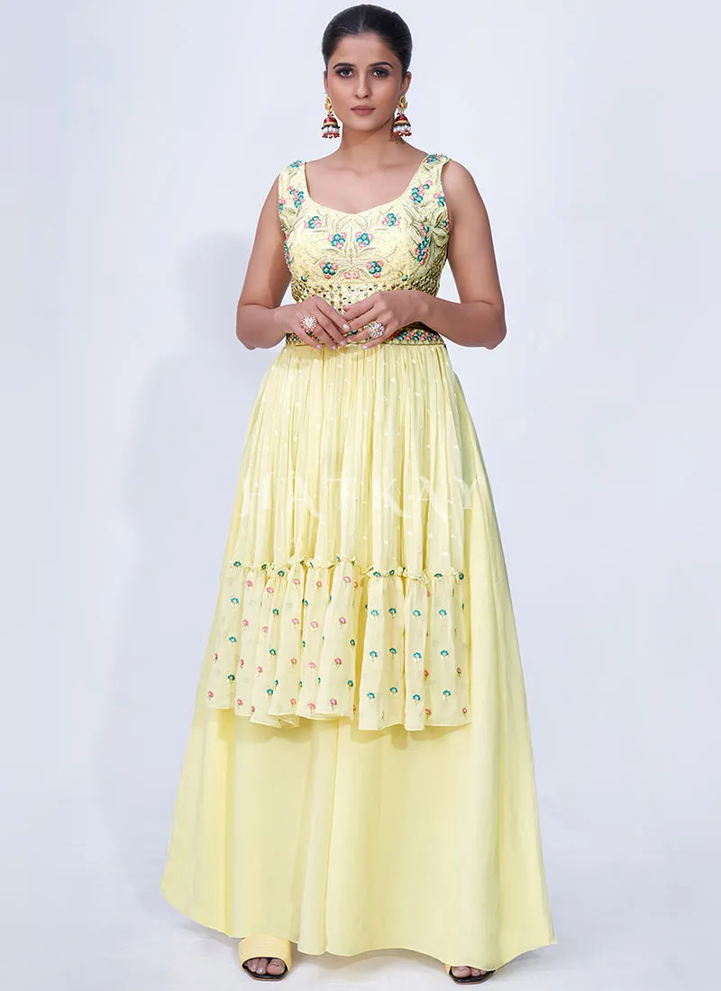 Yellow Mirror Work Multi Embroidery Chiffon Palazzo Suit