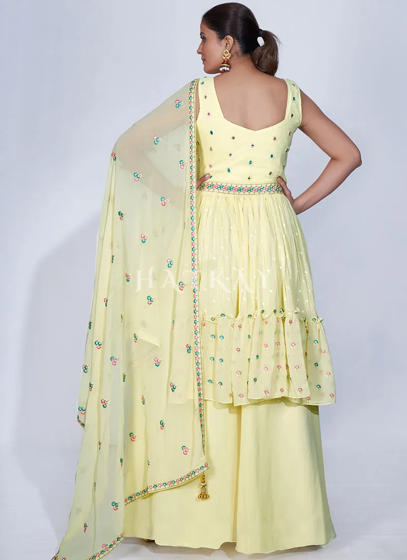 Yellow Mirror Work Multi Embroidery Chiffon Palazzo Suit