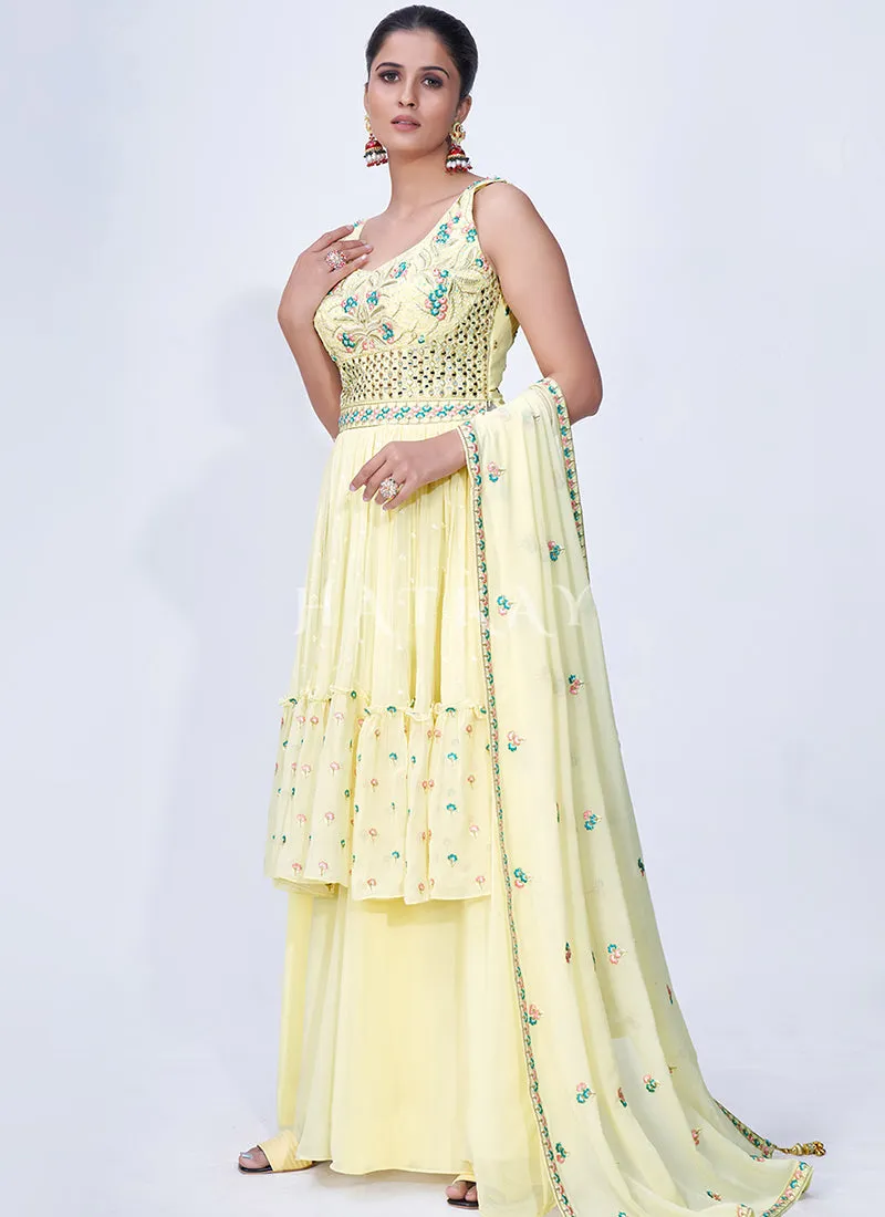 Yellow Mirror Work Multi Embroidery Chiffon Palazzo Suit