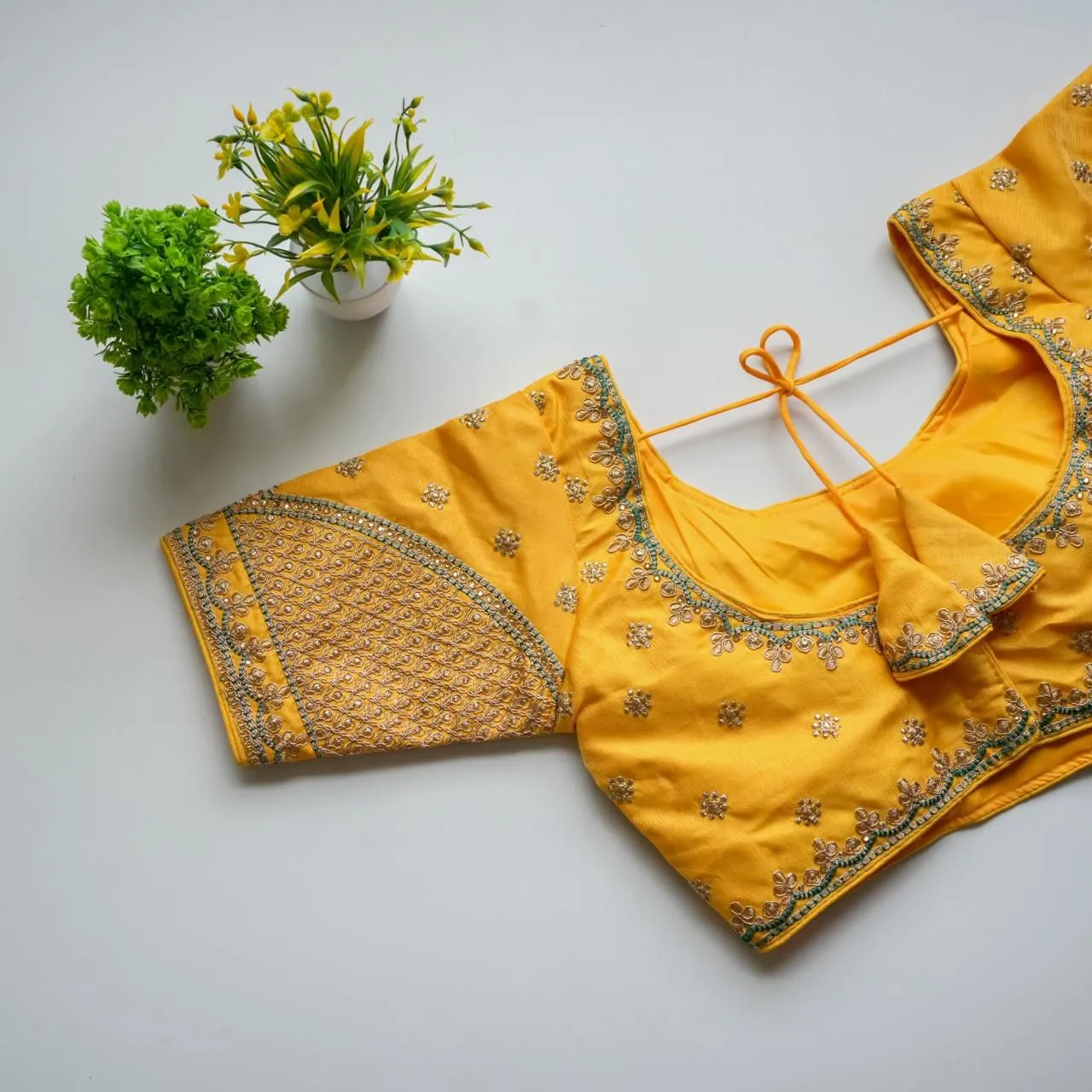 Yellow Mulmul Silk Blouse with Golden Embroidery and Sequins