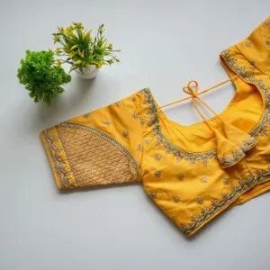 Yellow Mulmul Silk Blouse with Golden Embroidery and Sequins