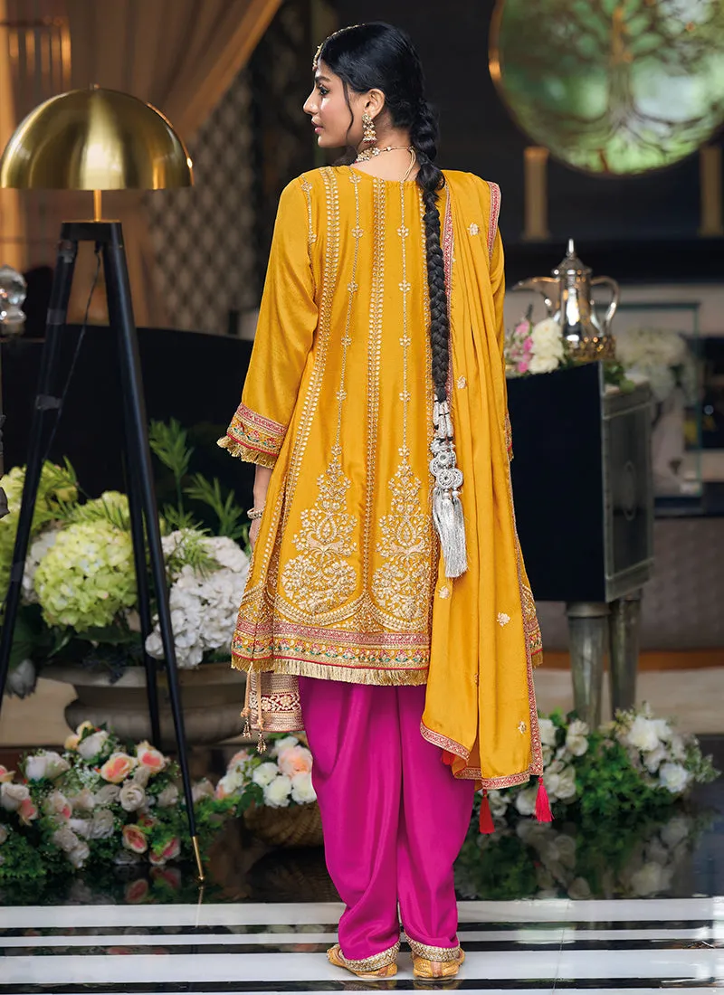 Yellow Multi Embroidered Designer Dhoti Style Suit