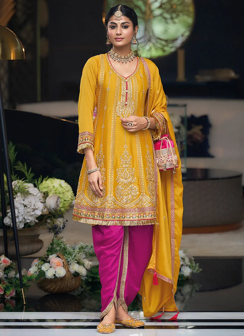 Yellow Multi Embroidered Designer Dhoti Style Suit