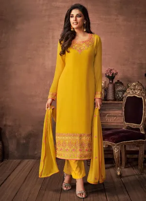 Yellow Multi Embroidered Pant Style Suit