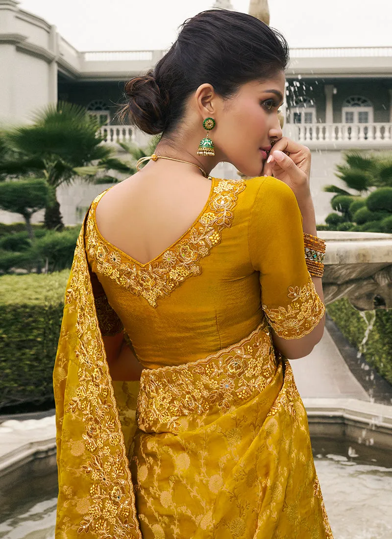 Yellow Multi Embroidery Tissue Silk Saree