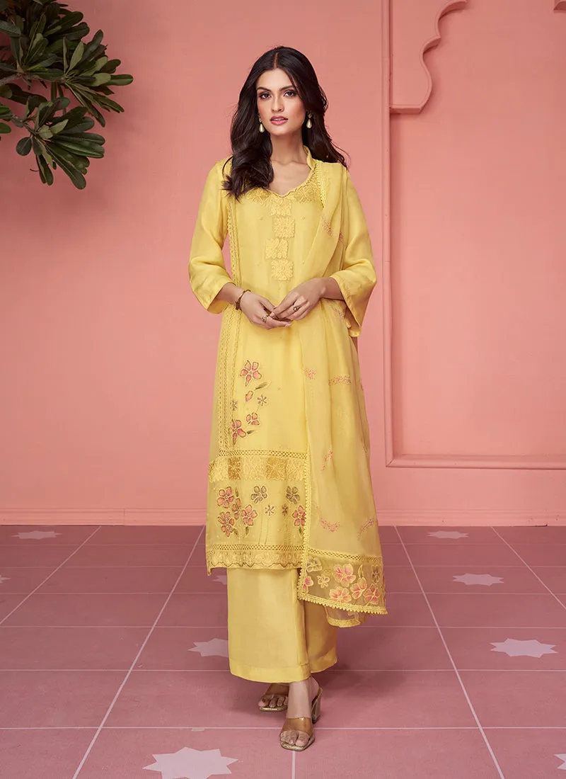 Yellow Multi Floral Embroidery Pakistani Pant Style Suit