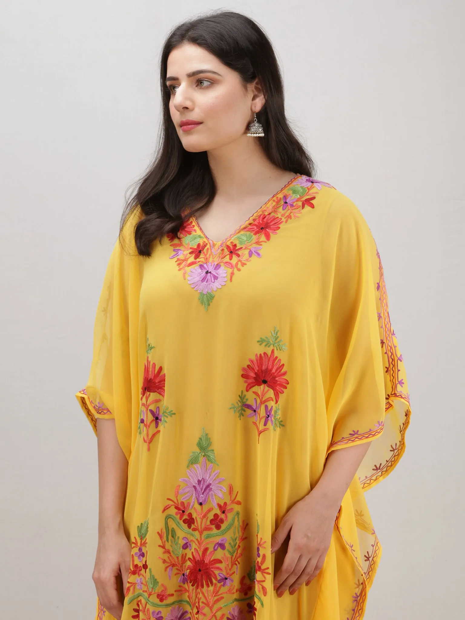 Yellow Multicolor Aari Embroidered Kashmere Free Size Georgette Kaftan  - K12K002