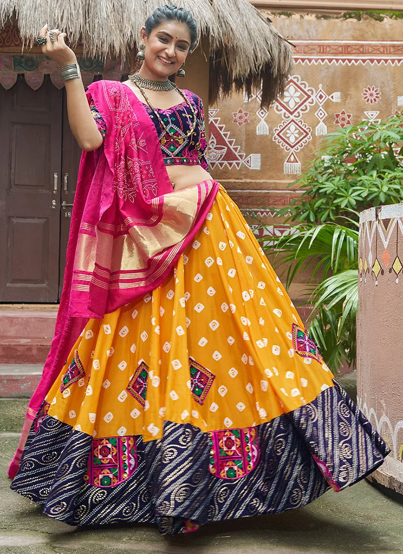 Yellow Multicoloured Kutchi Embroidered Chaniya Choli For Navratri