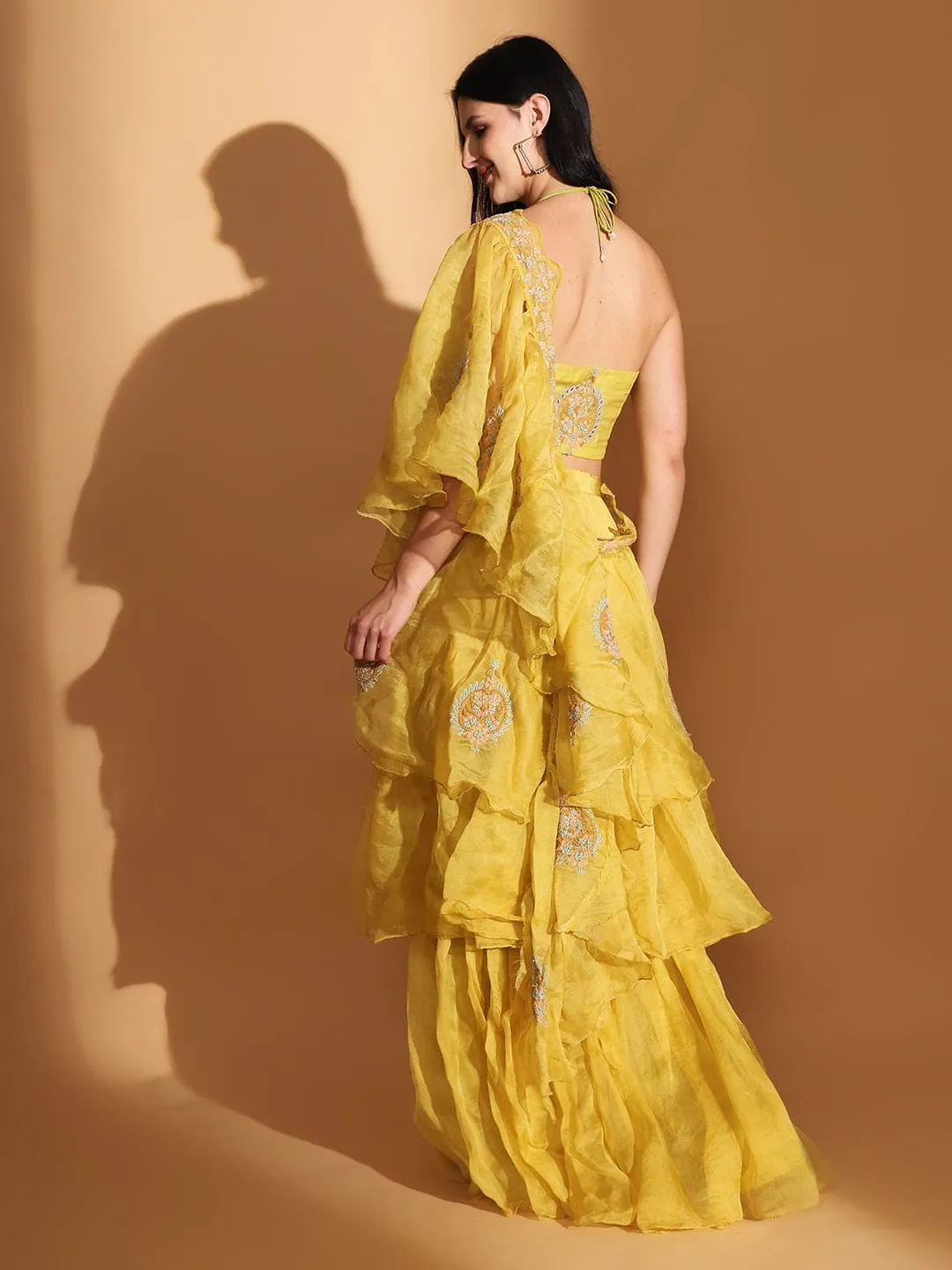 Yellow Off-Shoulder Corset Top & Cowl Drape Skirt