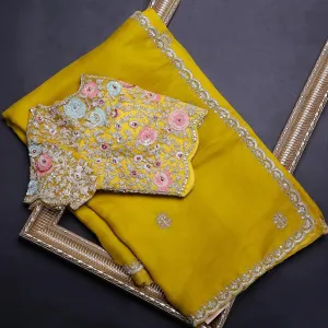 Yellow Organza Saree with Heavy Embroidery work and Unstitched Blouse