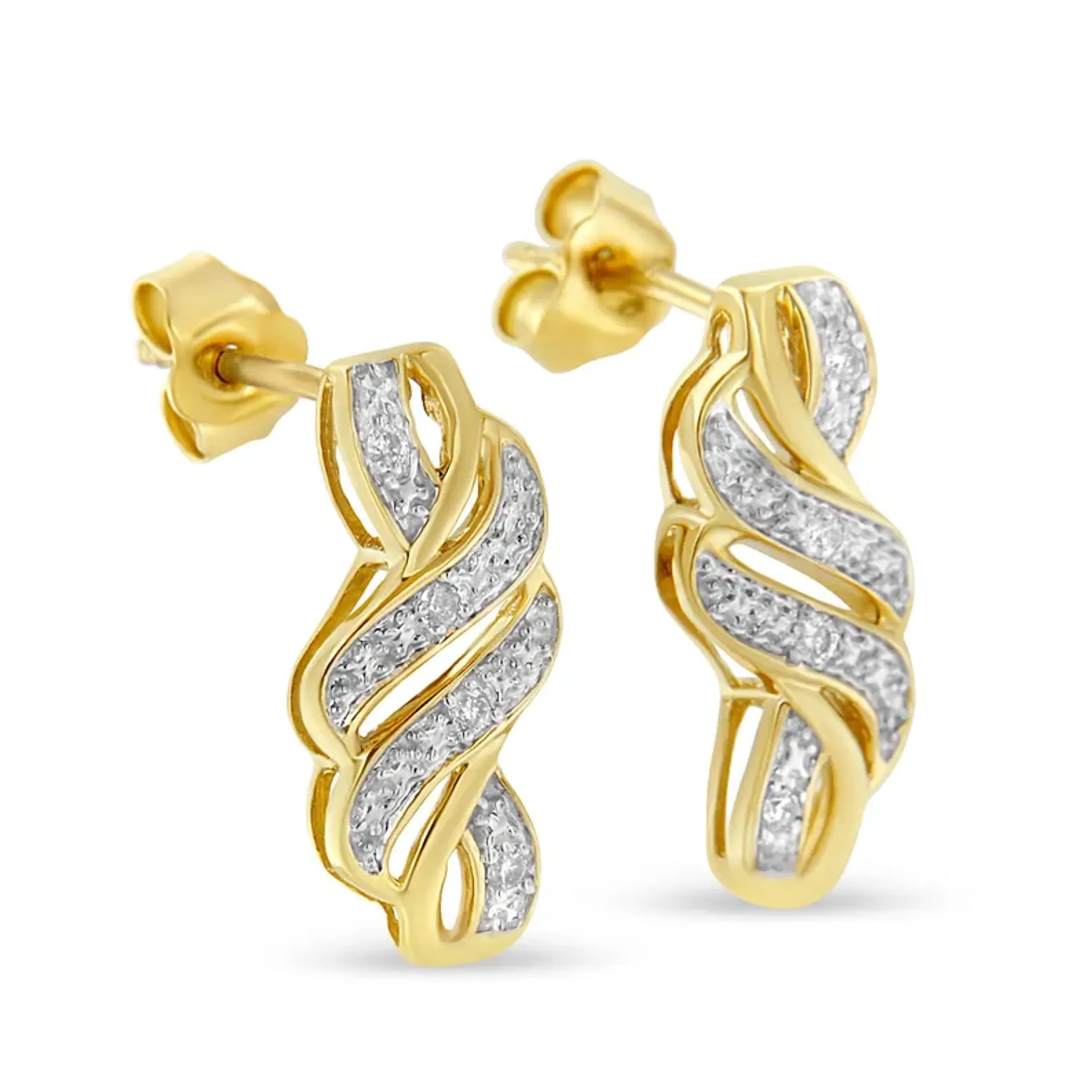 Yellow Plated Sterling Silver Round Cut Diamond Swirl Earrings (0.08 cttw, H-I Color, I2-I3 Clarity)