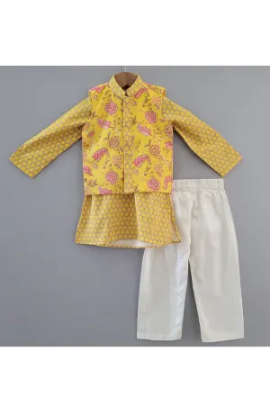 Yellow Printed Kurta With Floral Printed Jacket Set