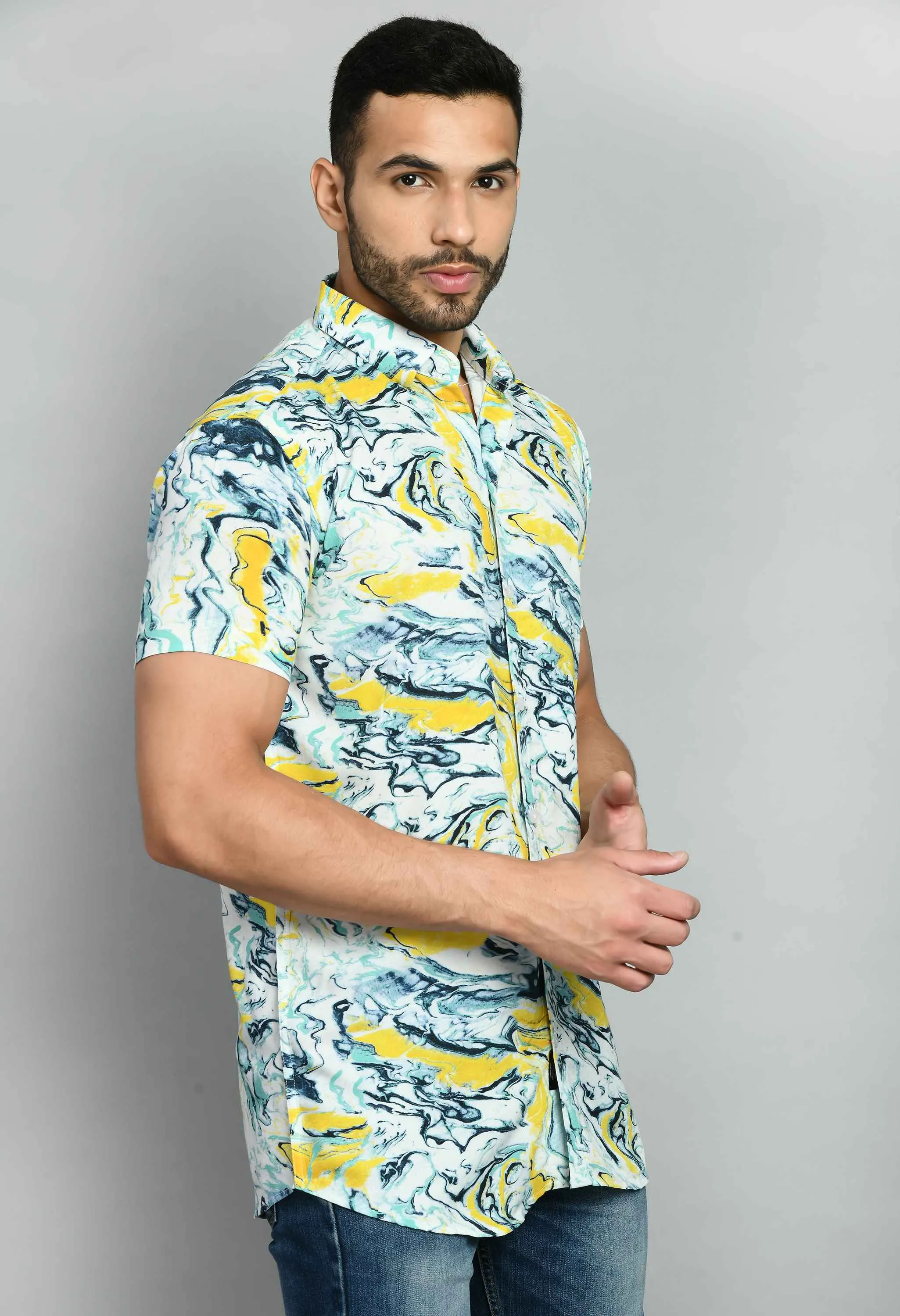 Yellow Printed Rayon Shirt