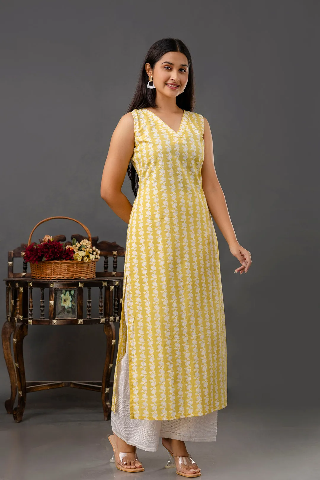 Yellow Printed Straight Sleeveless Kurta