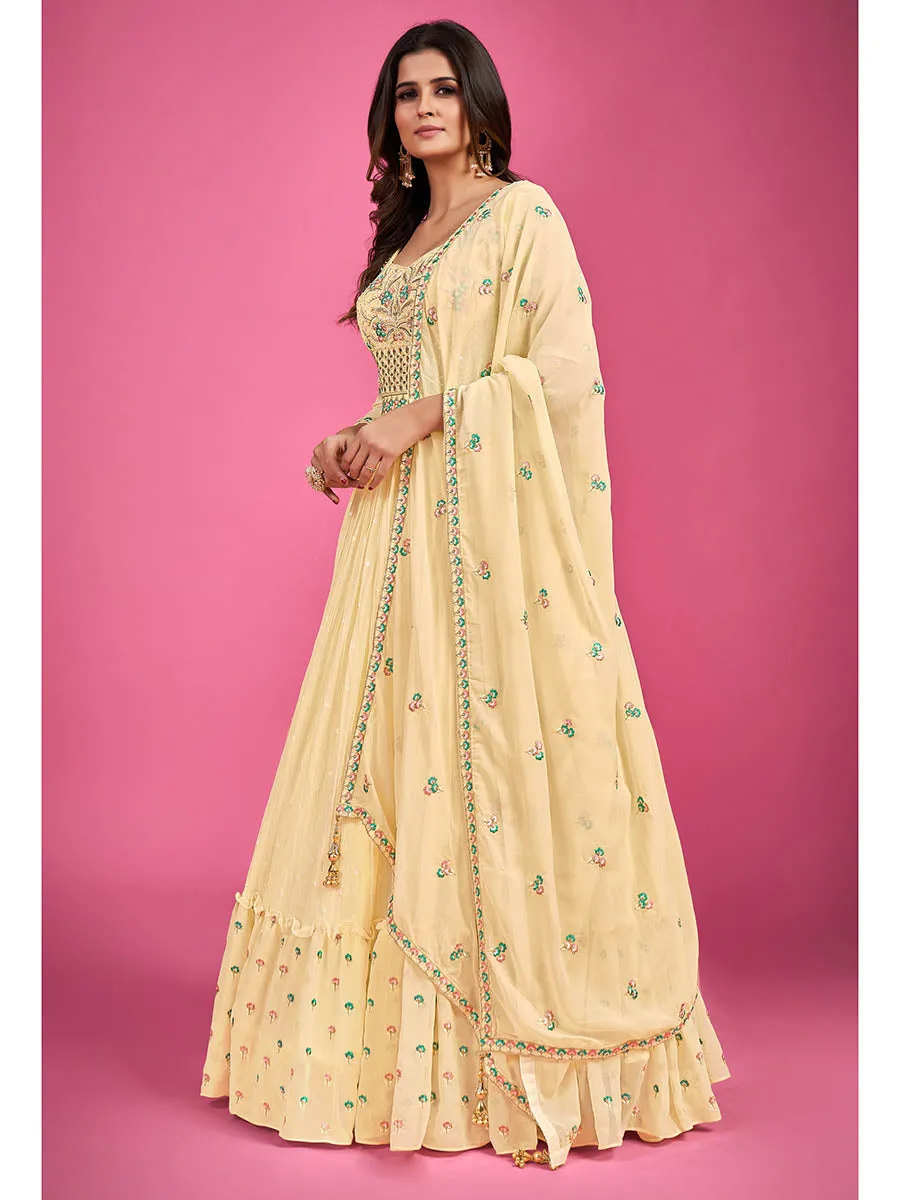 Yellow Pure Georgette Embroidered Gown