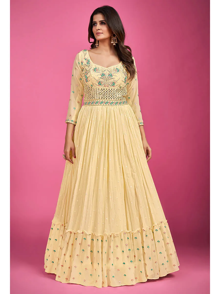 Yellow Pure Georgette Embroidered Gown