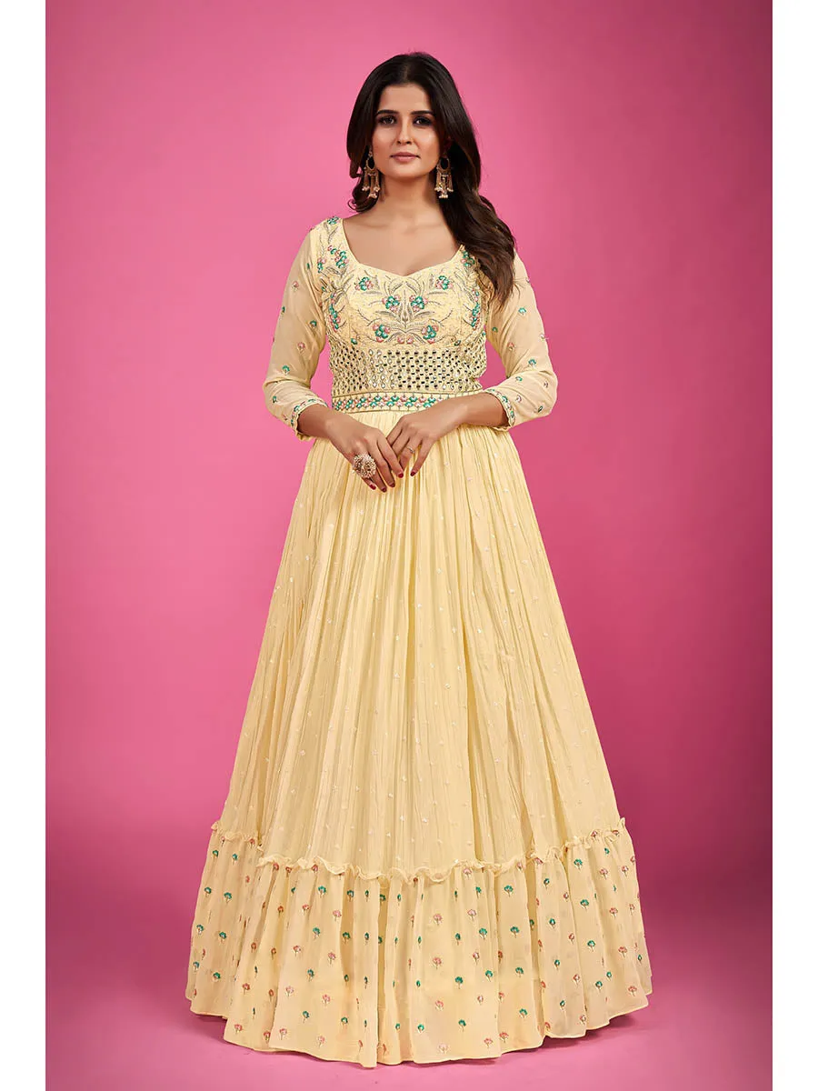 Yellow Pure Georgette Embroidered Gown